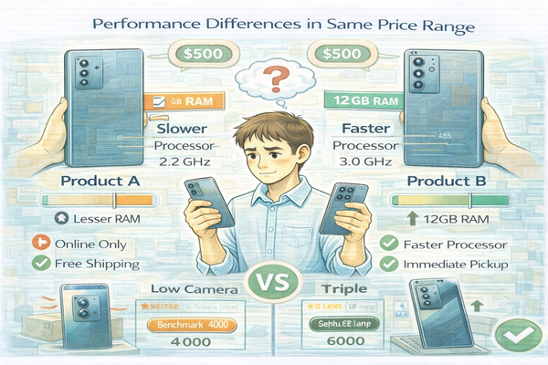 같은 가격대인데 성능 차이가 나는 이유를 비교하며 두 제품을 분석하는 소비자 상황