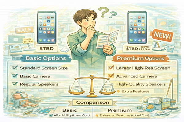 기본형과 고급형 옵션 차이 정리를 위해 두 제품 옵션을 비교하는 소비자 상황