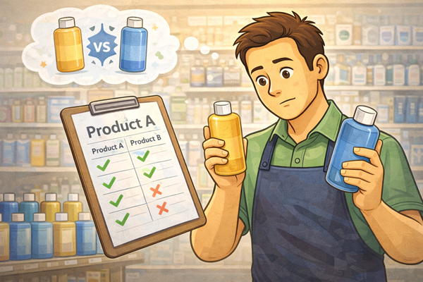 제품 차이 구분 방법을 고민하며 비교하는 소비자 모습
