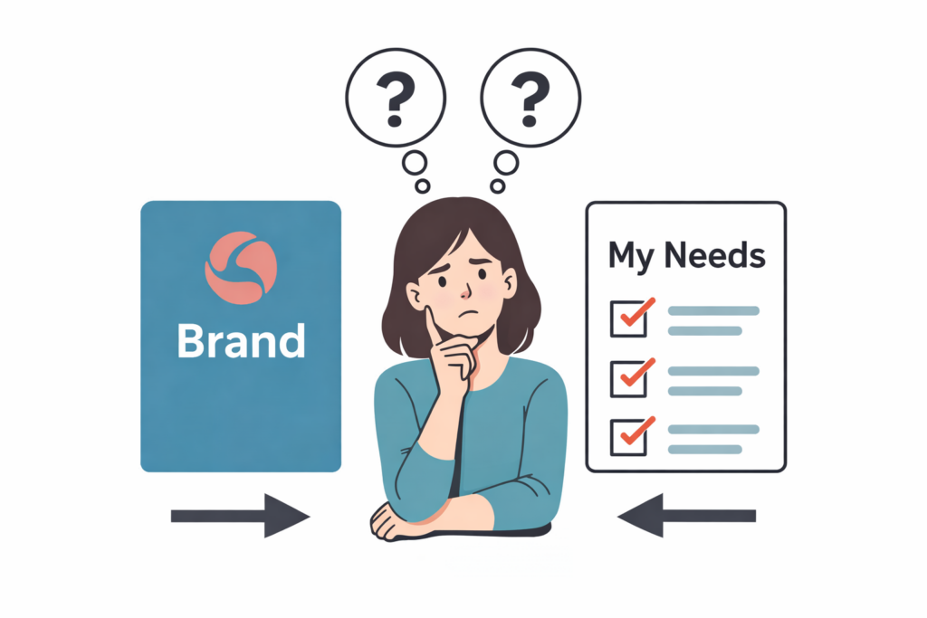 사용 목적 제품 선택을 기준으로 고민하는 소비자 모습