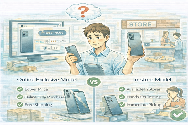 온라인 전용 모델과 오프라인 모델 차이를 비교하며 제품을 선택하는 소비자 상황