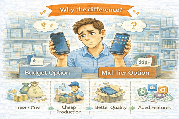 저가형과 중급형 제품의 차이가 생기는 이유를 비교하는 제품 선택 상황 이미지