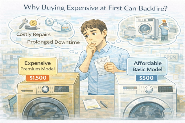 처음 살 때 비싼 제품이 오히려 손해인 이유를 고민하며 제품을 비교하는 소비자 상황