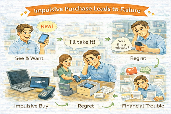 충동구매가 실패로 이어지는 과정 정리를 보여주는 소비자의 구매 흐름 개념 이미지