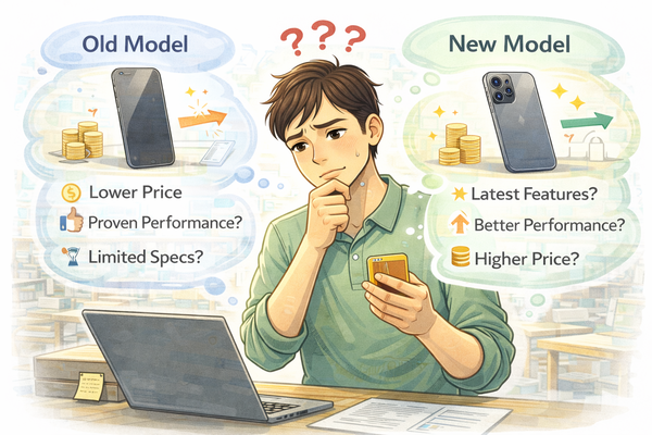 구형 모델과 신형 모델 중 선택 기준을 고민하며 두 제품을 비교하는 소비자 상황