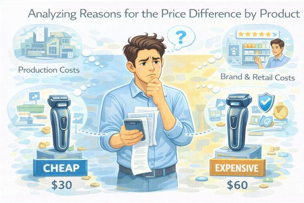 동일 기능 제품의 가격 차이 원인을 분석하며 두 제품을 비교하는 소비자 상황