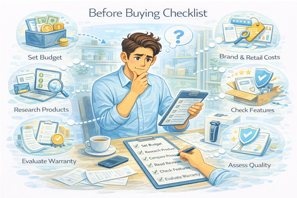 제품 구매 전 체크리스트 7단계를 확인하며 제품 선택을 준비하는 소비자 상황