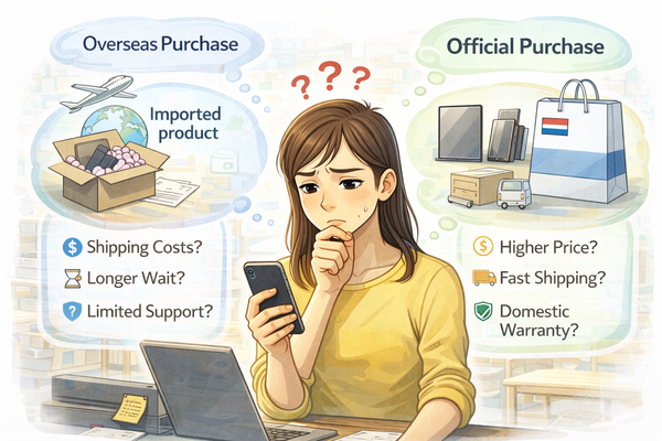 해외 직구 제품과 국내 정식 제품 비교를 위해 두 구매 방식을 고민하는 소비자 상황